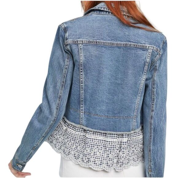 Pilcro Eyelet Ruffle Denim Jacket Size Small Long Sleeve Blue Jean Medium Wash - Picture 7 of 9